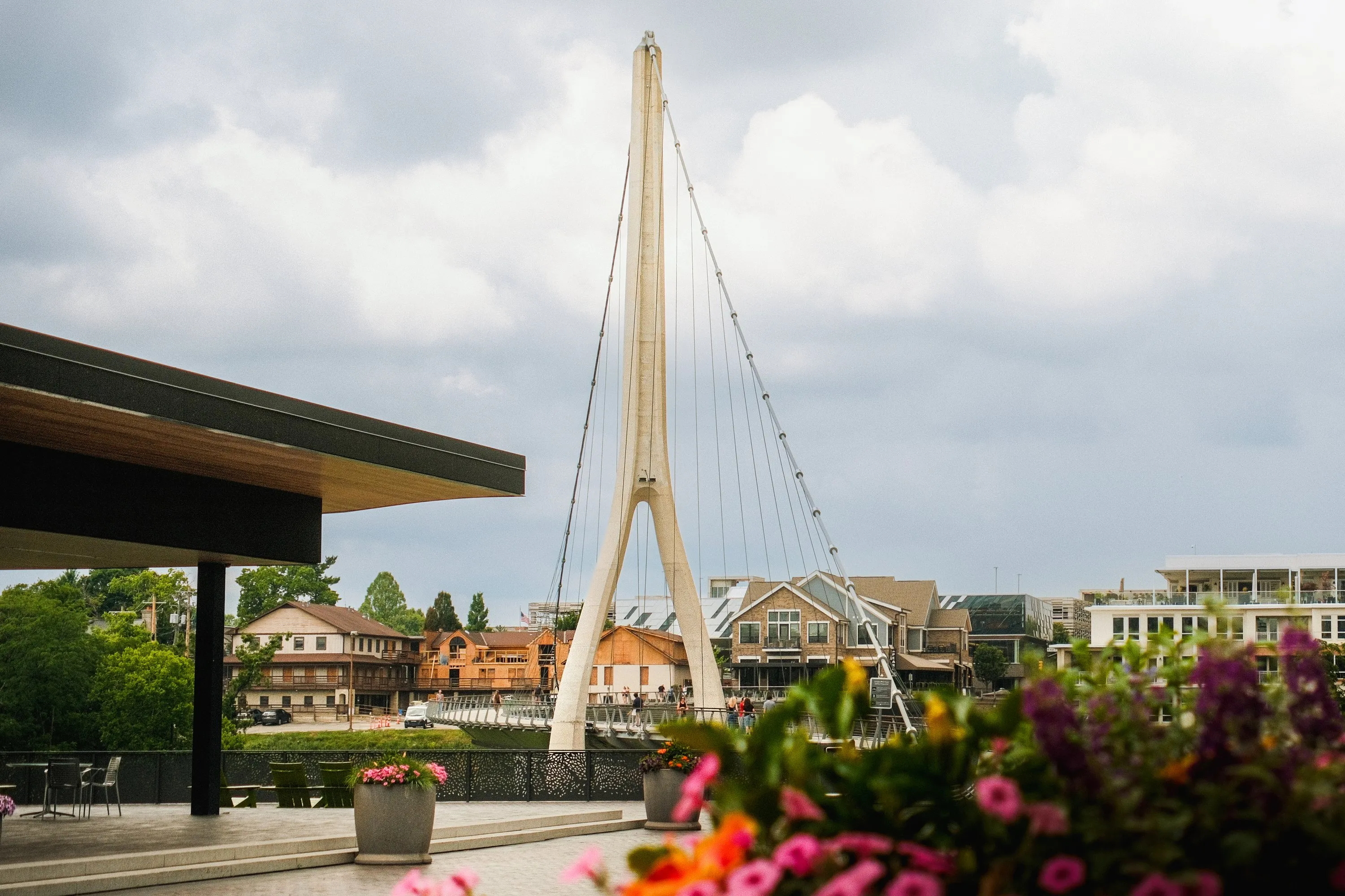 The Dublin Link pedestrian bridge seen from a terrace at Bridge Park, with planted flowers in the foreground and Historic Dublin across the river.